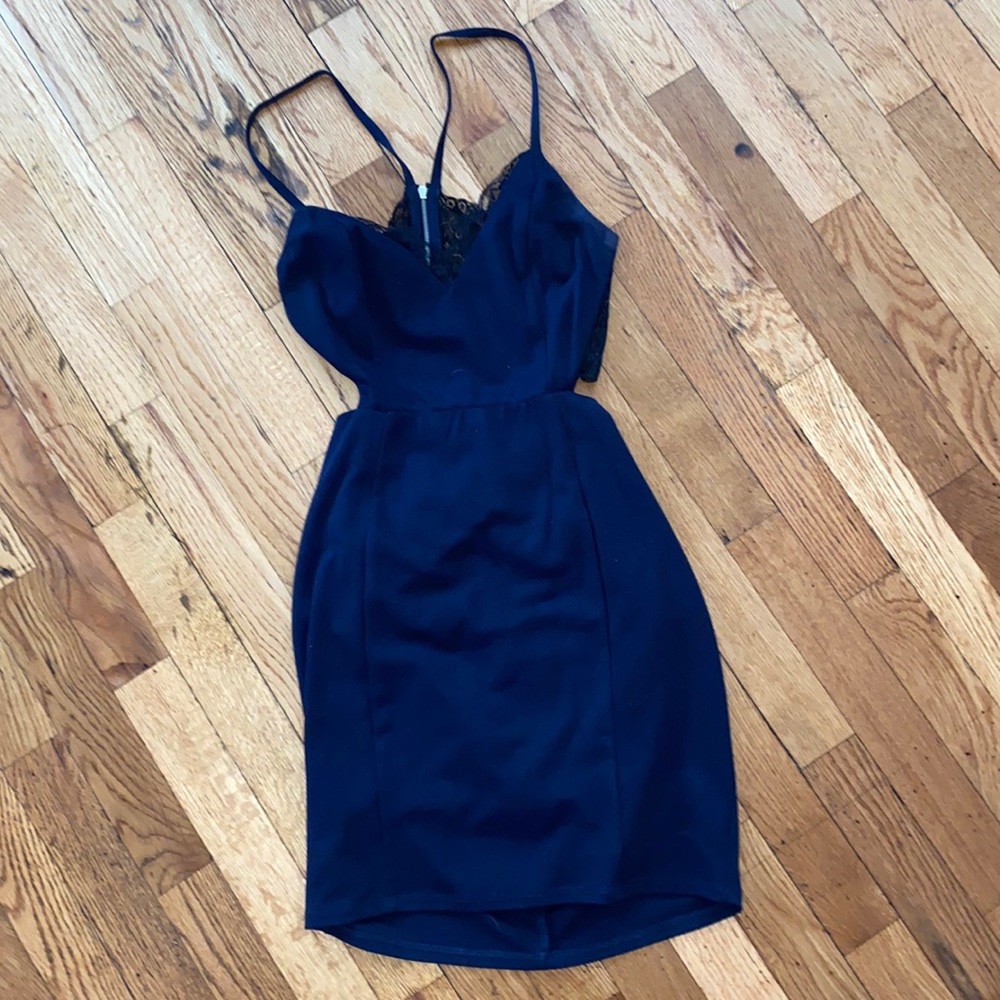Never blue dress with black lace zip back Size small